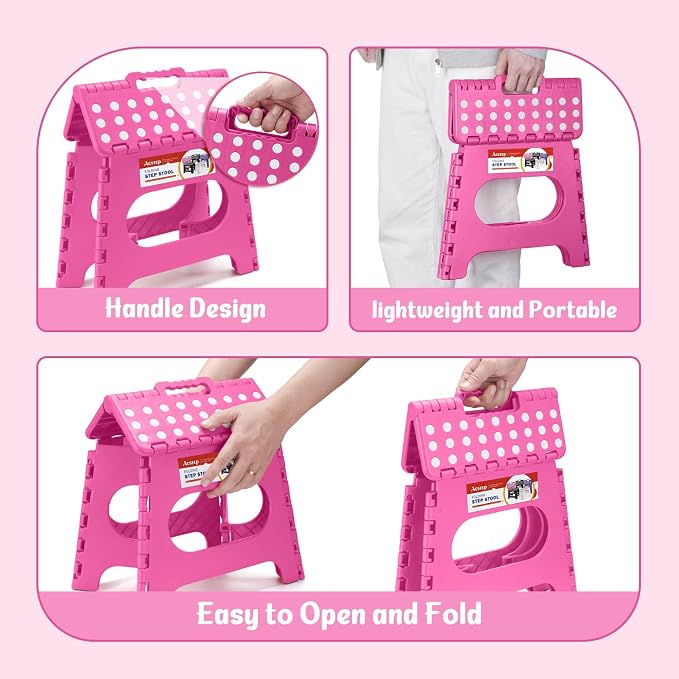 11" Folding Step Stool for Kids and Adults, Holds 300 lb, Rose red | Heavy Duty Collapsible Foot Stool, Lightweight with Built-in Handle, Non-Slip for Adults Kitchen Bathroom Bedroom Outdoor