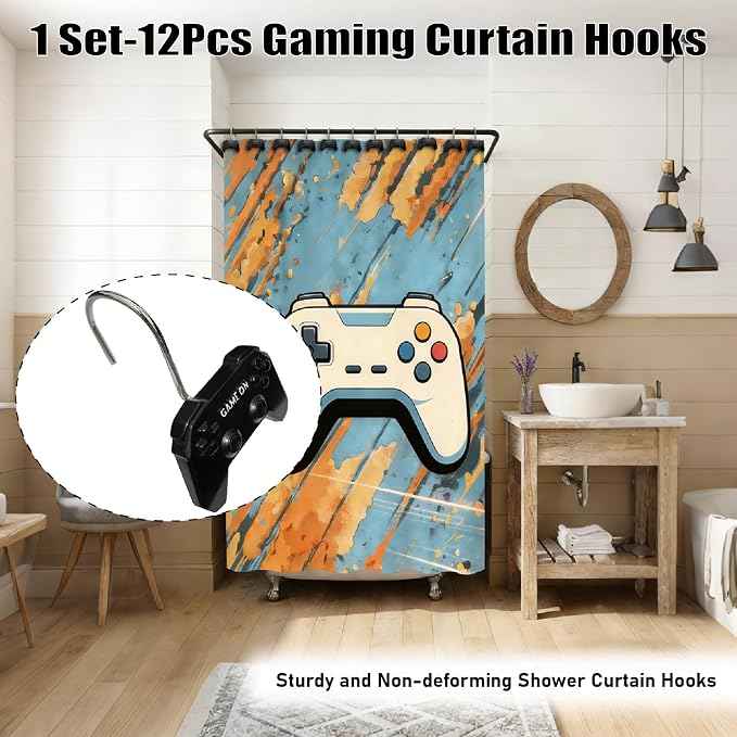 12 Pcs Game Theme Shower Curtain Hooks for Gamers Bathroom Decor | Video Game Controller Curtain Hooks Boys Gaming Bathroom Kids Bedroom Playroom Console Resin and Stainless Steel Hook