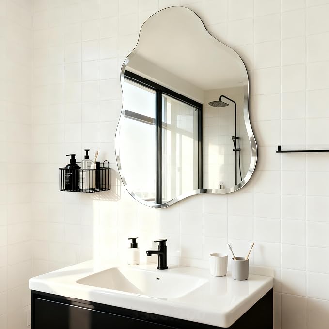 Cloud Shaped Frameless Wall Mirror,20x28 Inch,Beveled Edge Vanity Mirror | Beveled Edge Design Perfect for Vanity Bedroom Entryway Unique Cloud Shape Easy Wall Mount