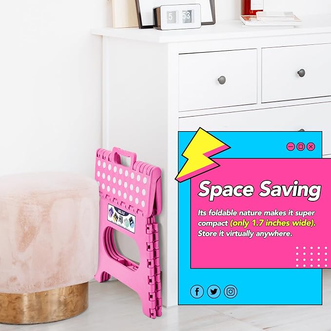 Delxo Folding Step Stool 11 Inch,300 Lbs Step Stool for Kids & Adults Pink | Foldable Step Stool 11",Non-Slip Foot Stools with Handle,Lightweight Collapsible stools for Kitchen,Bathroom,Bedroom,Garden