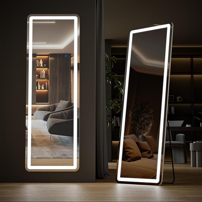 DUMOS 21"x 64" LED Full Length Mirror with Lights, Lighted Floor Full Body Mirrors with 3 Color Lighting, Wall Mounted Stand Mirror for Bedroom, Dressing Room, Living Room, Bathroom