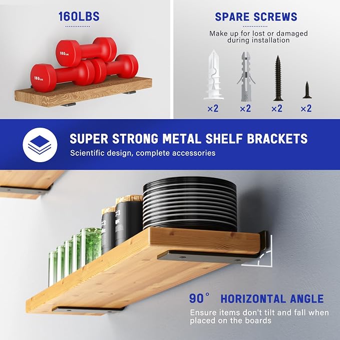 Goovilla Shelf Bracket, Floating Shelf Brackets 4 inch Long, 6 Pack, Black | Heavy Duty Brackets for Shelves, Black Coated Metal Wall Shelf Support Brackets with 1/5 Inch Thick and 160 lb. Load Capacity