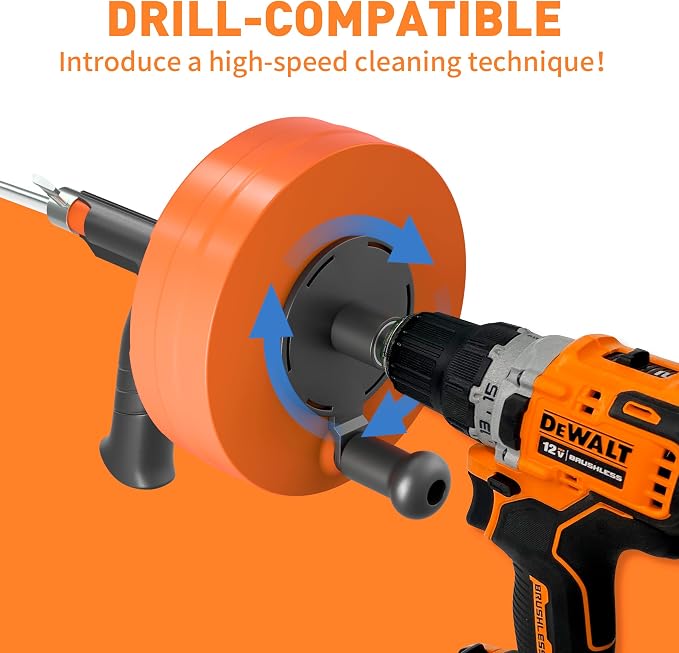 BACOENG 50Ft Drain Auger, Heavy Duty Plumbing Snake with Drill Adapter, Use Manually or Powered for Drain Clog, Shower Sink, Comes with Gloves and Bag (Orange)