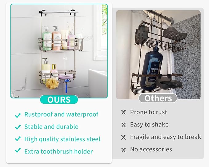 HapiRm Hanging Shower Caddy Organizer - No Drilling Shower Shelves with Hooks and Toothbrush Holder, Rustproof 304 Stainless Steel Bathroom Organizer - Brushed Nickel