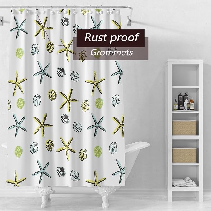 TIKABC Shower Curtain Liner, 4G PEVA Starfish Shower Liner, Plastic Waterproof Shower Curtains, 72x72 inch with Grommet Holes 3 Magnetic Weights