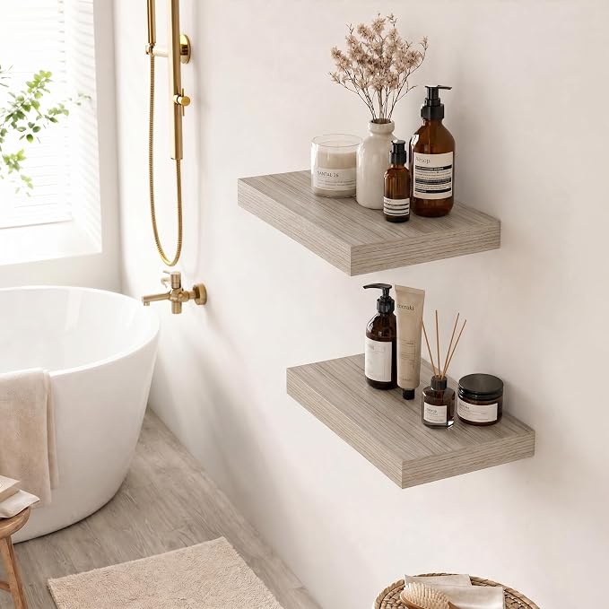 Deep Floating Shelves for Wall, 12 Inch Wide Small Wall Shelves Set of 2, 2 Inch Thick Invisible Wall Mounted Shelves for Bathroom Bedroom Nursery,Grey