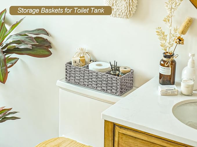 StorageWorks Toilet Paper Basket, Paper Rope Woven Toilet Tank Basket, Gray | Wicker Basket, Toilet Paper Storage for Back of Toilet Tank, Woven Baskets for Shelves, Wicker Baskets with 3 Compartments