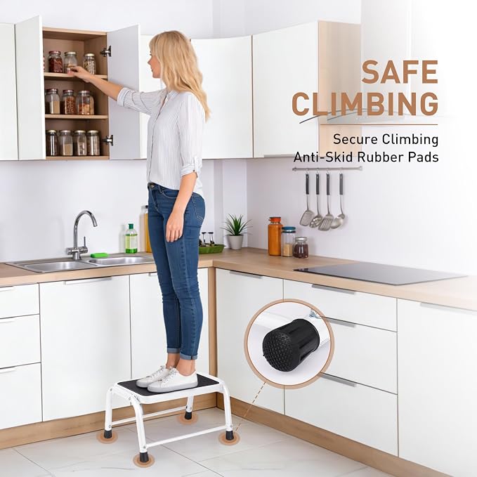 Valeo Step Stool,Step Stools for Adults with Non-Slip Rubber Feet, 600 Lbs Capacity, Metal Step Stool for Kitchen, Bathroom, RV, Camping, Office, Bed Steps for High Beds, White
