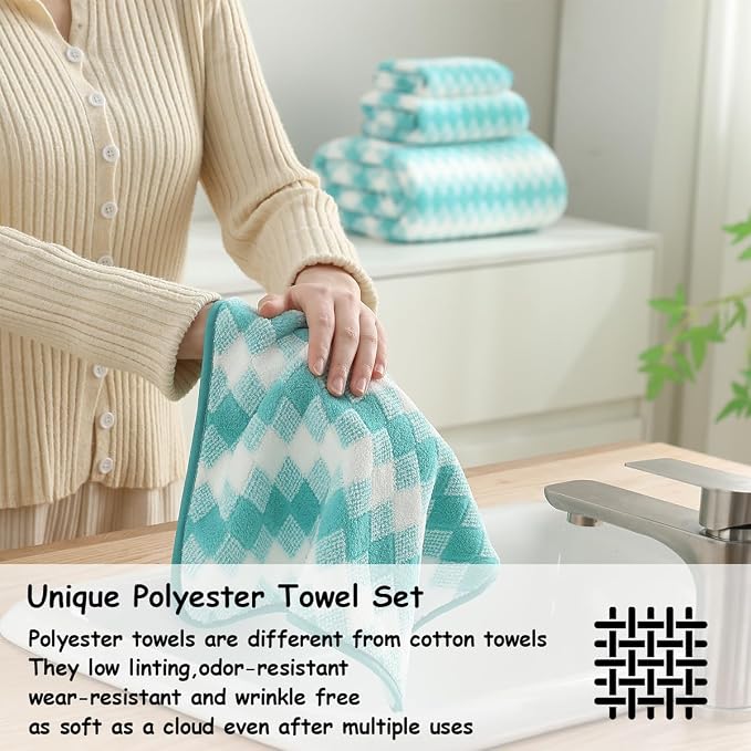 12 Pcs Aqua White Diamond Towel Set-4 Bath Towels,4 Hand Towels,4 Washcloths Soft Polyester Towels with Loop Absorbent Shower Towel Quick Dry Beach Chair Towel Family Towels for Bathroom Spa Gym Pool