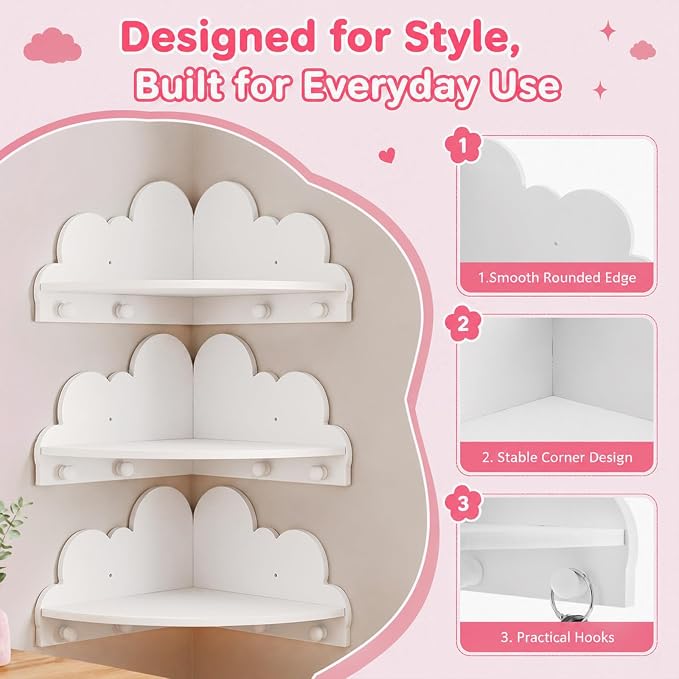 Novabright 3 Pcs Cloud Corner Floating Shelves for Nursery, 90 Degree Wall Mounted Corner Shelf with Hooks, Cute White Dispaly Shelves for Kids Rooms Home Decor - 2 No Hook, 1 with Hook