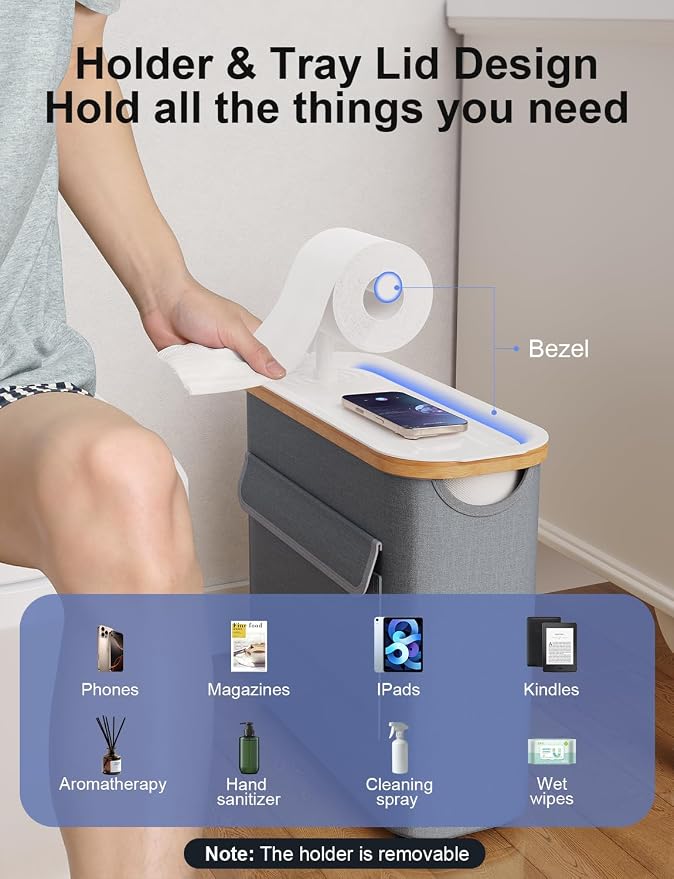 Toilet Paper Basket with Holder, Tray and Bamboo Frame, 12 Rolls, Gray | Waterproof Oxford fabric, privacy pocket, viewing window and suction-cup base for 9 mega or 12 regular rolls plus 1 in use