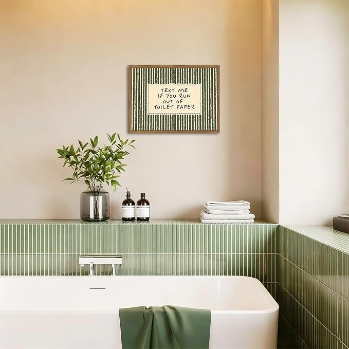 Funny Bathroom Wall Art Text Me If You Run Out of Toilet Paper Sign Wall Decor Picture Vintage Quirky Quote Striped Restroom Poster Canvas Painting Prints 12x16 inch Wood Framed
