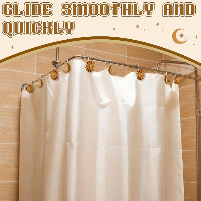Yaocom 12 Pcs Gold Sun Moon Celestial Shower Curtain Hooks Rustproof | Boho Decorative Shower Hangers Bulk Vintage Glide Curtain Rings for Bathroom Bedroom Living Room Minimalist Decor