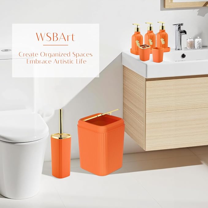 17PCS Bathroom Accessories Set, Orange Bathroom Set Bathroom Accessories Set with Trash Can, Toilet Brush, Toothbrush Holder, Qtip Holder & 3PCS Soap Dispenser