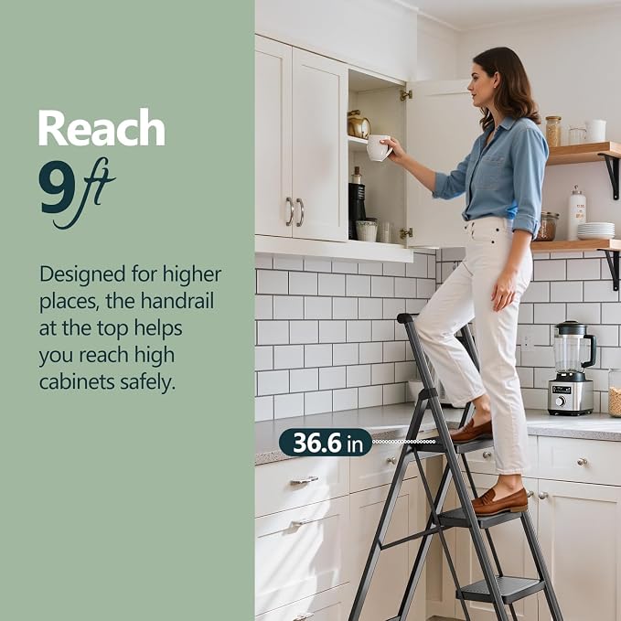 4 Step Foldable Step Stool with Handrail, 330lbs Load, Black | Folded 58'' H x 3'' T; Net 14.8 lbs; Anti-Slip Feet Grip Wood, Tile, Carpet; Wide Pedals; For Shelves, Repairs.