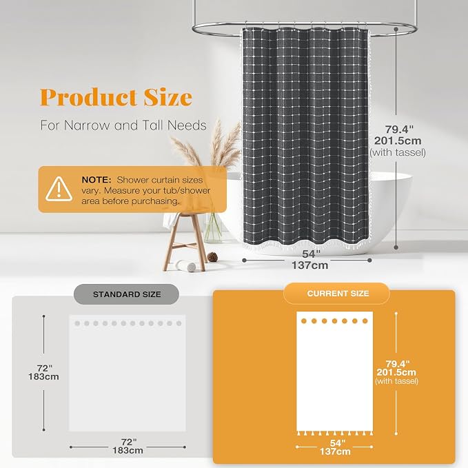 54x78 Boho Linen Heavy Duty Fabric Shower Curtain Set, Charcoal Gray | Narrow Long Size, 330GSM Linen Blend, 3-side Tassels, Waterproof Cloth, 10 Plastic Hooks, Rustic Bohemian, Machine Washable