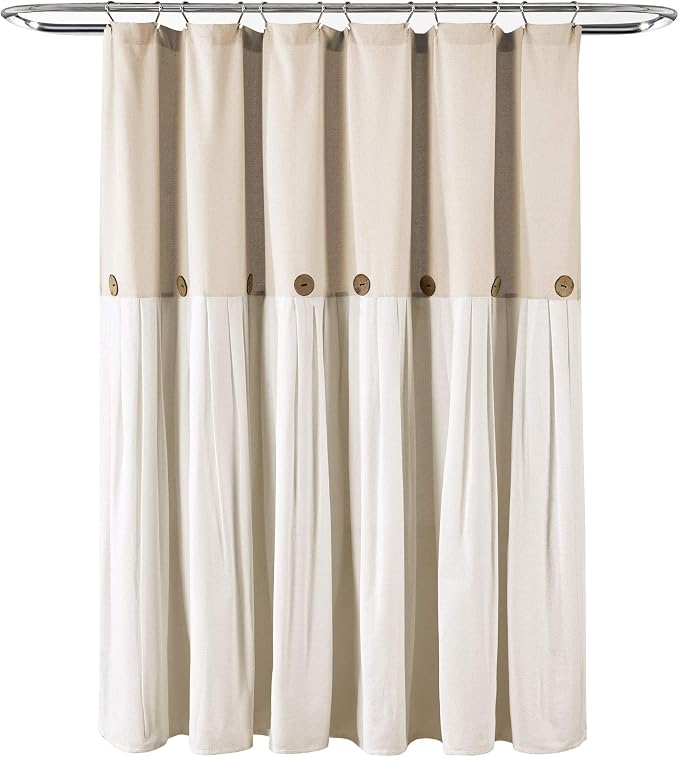Lush Decor Linen Button Shower Curtain, 72" W x 78" L, Linen - Extra Long Shower Curtains - Neutral Shower Curtain Fabric - Farmhouse Bathroom Decor