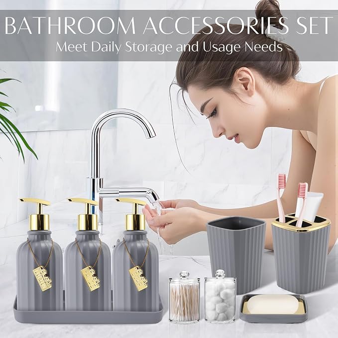 17PCS Bathroom Accessories Set, Gray Bathroom Set Bathroom Accessories Set with Trash Can, Toilet Brush, Toothbrush Holder, Qtip Holder & 3PCS Soap Dispenser