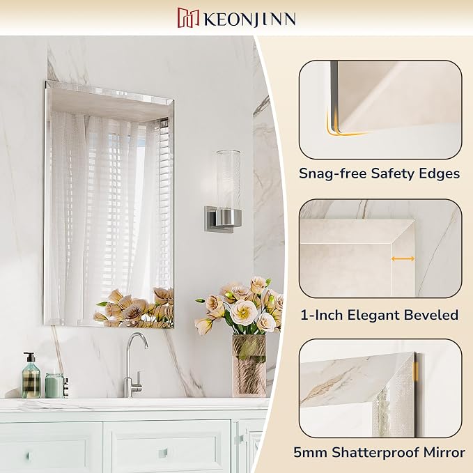 Keonjinn 40 x 30 Inch Frameless Bathroom Mirror with Beveled Edge | Rectangle Mirrors for Bathroom Sink, Shatterproof Wall Mirror, Modern Decorative for Entryway, Bedroom, Horizontal/Vertical