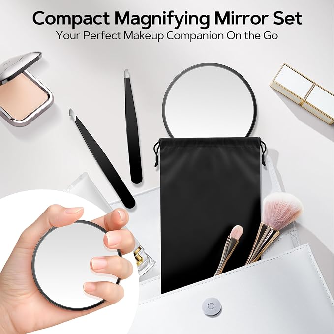 MIYADIVA Magnifying Mirror Set, 10x&20x&30x Suction Cup Makeup Mirror, 2 Tweezers & Storage Bag. 3.5in Compact Mirror for Travel, Bathroom, Home, Gifts for Women