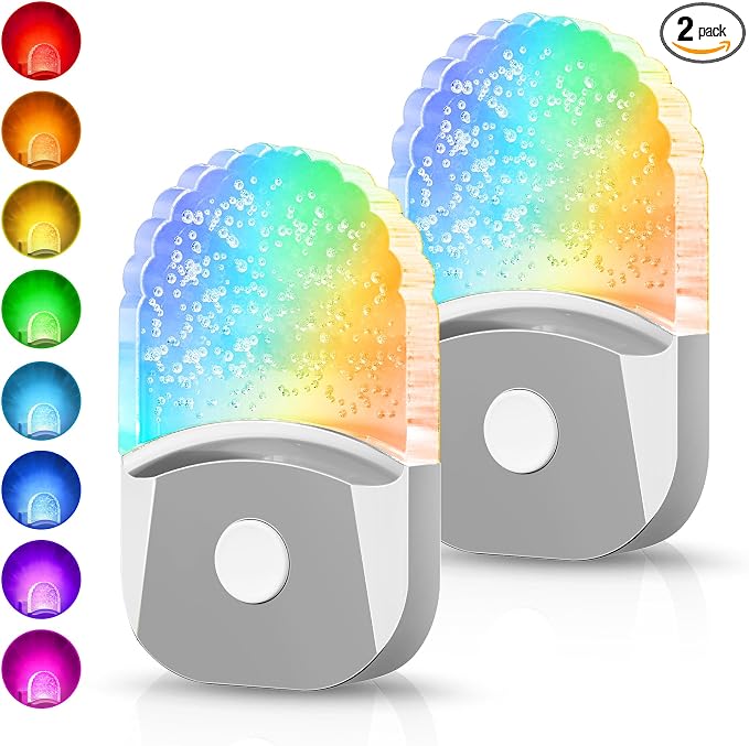 8-Color RGB Night Lights Plug Into Wall [2 Pack],Kids Night Light | Color Changing RGB LED Night Light,Dusk to Dawn Sensor,for Bathroom Decor Hallway Stairway,Chrome Cover