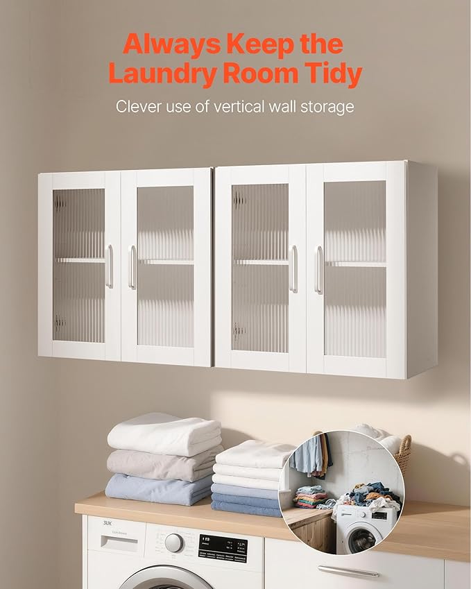 VEVOR Laundry Room Wall Cabinet, 2-Tier Wall Mounted Cabinet with Adjustable Shelf, Cupboard Storage with 4 Doors, for Kitchen, Bathroom, Laundry, Set of 2, Each 12 x 24 x 24 in (D x W x H), White
