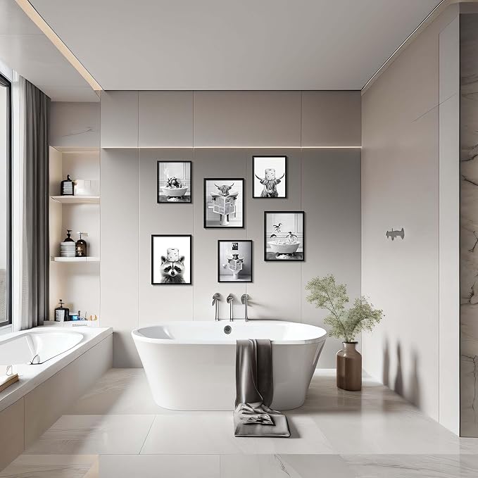 Framed Bathroom Decor Wall Art, Chimpanzee in Bathtub, Black and White Wall Art, Funny Bathroom Wall Decor Signs, Cute Animal Art Decoration (Framed,11''x14'')