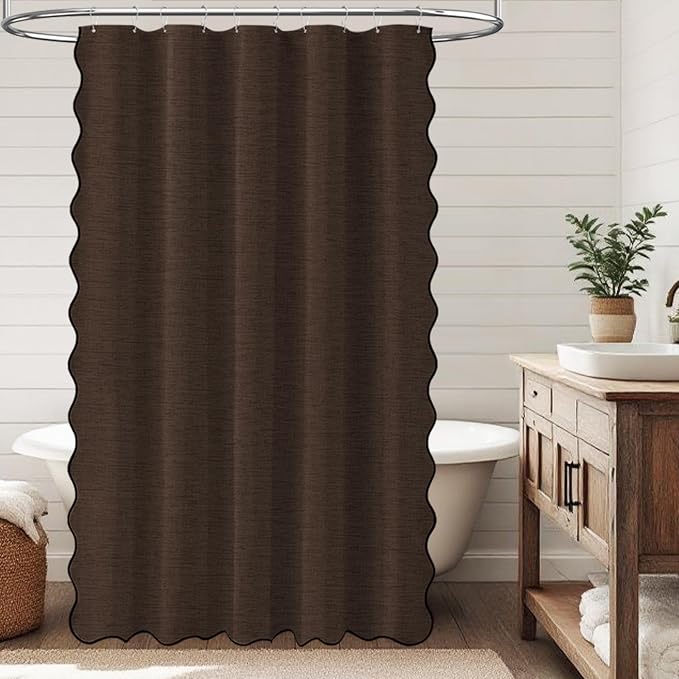 54x78 Boho Scalloped Linen Textured Cloth Shower Curtain Set, Brown | Narrow Long Size, 230GSM Waterproof Polyester, Heavy Duty Fabric, 10 Plastic Hooks, Elegant Farmhouse Style, Machine Washable