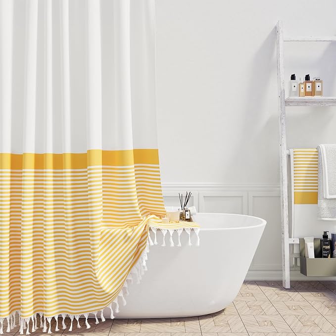 Modern Farmhouse Fabric Shower Curtain, 78 Inch Long Boho Yellow and White Striped Cloth Bathroom Shower Curtain with Tassels, Hotel Luxury Shower Curtain Set with 12 Hooks, Yellow, 72x78