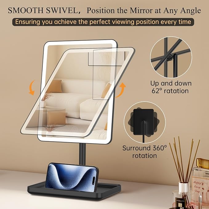 FUNTOUCH 4000mAh Rechargeable Vanity Mirror with Lights 40X Magnifier,Black | 3-Color Lighting Makeup Mirror with Lights & 84 LED,360°Rotation Touch Dimmable Lighted Makeup Mirror for Bedroom Tabletop