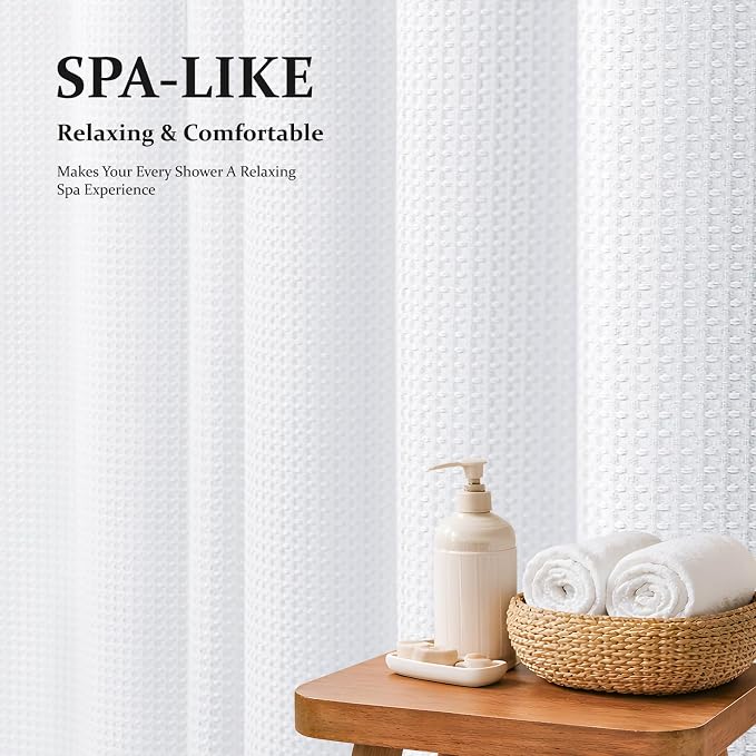 Stall Waffle Shower Curtain 256 GSM Heavy Fabric 54x78 White | 54 x 78 Inch Long, Thick Polyester Cloth, Weighted Hem, Water Repellent, Washable, Hotel Bathroom Shower Curtain Set 10 Hooks