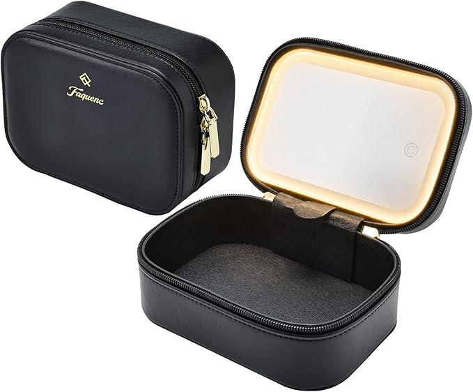 Faquenc Leather Travel Makeup Bag with LED Lighted Mirror Adjustable Brightness in 3 Colors Mini Cosmetic Bag Portable Makeup Pouch Travel Toiletry Bag for Women Instant Touch-up Vanity Black