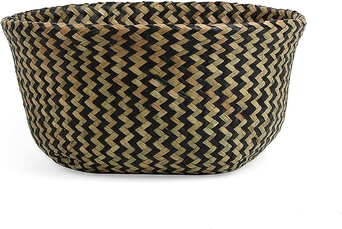 Woven Seagrass Belly Basket for Storage, Plant Pot, Picnic and Grocery Basket (Large, Black Strips)