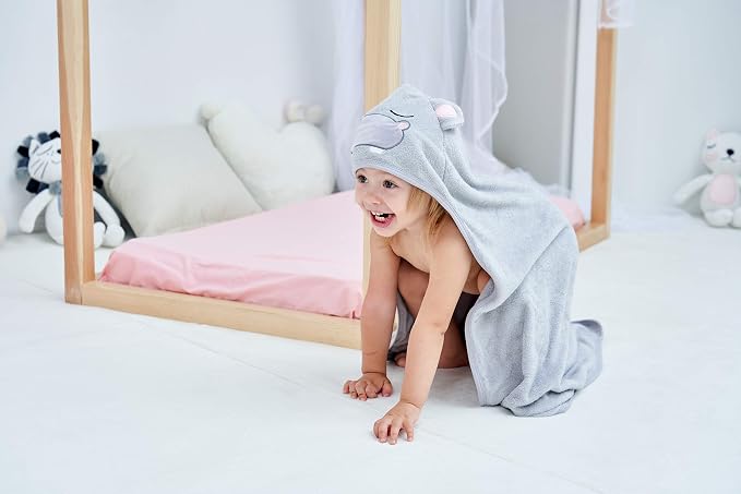 HIPHOP PANDA Ultra Soft Hooded Baby Towel - 2-Layer Thick 500GSM Absorbent | Rayon Made from Bamboo, Hooded Bath Towel for Newborn, Infant, Toddler, Baby Registry - Hippo, 37.5x37.5 In