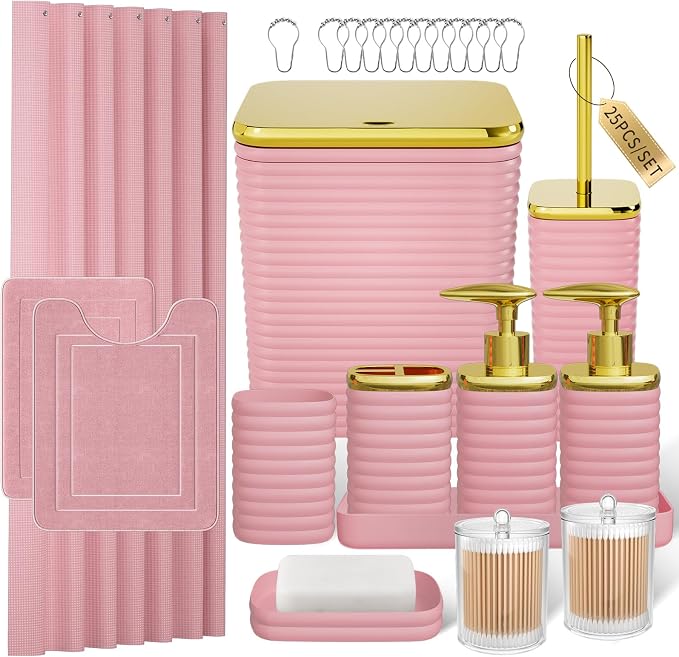 Bathroom Set - 25PC Bathroom Sets with Shower Curtain and Rugs, Pink Bathroom Set, Bathroom Accessory Set, Luxury Bathroom Accessories Set, Trash Can, Toilet Brush, Soap Dish & Soap Dispenser