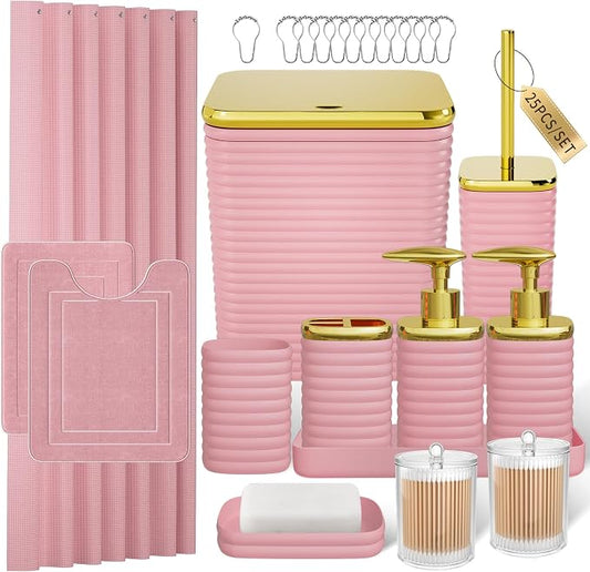 Bathroom Set - 25PC Bathroom Sets with Shower Curtain and Rugs, Pink Bathroom Set, Bathroom Accessory Set, Luxury Bathroom Accessories Set, Trash Can, Toilet Brush, Soap Dish & Soap Dispenser