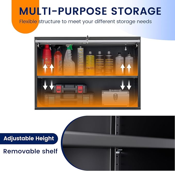 Metal Wall Cabinet with Doors and Shelves, Wall Mounted Storage Cabinet for Garage, Basement, Kitchen, Warehouse (Black Gray, 21.6" H)