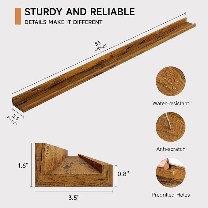 Fun Memories Floating Picture Ledge Shelves for Wall Set of 2, 55 Inches Picture Shelf with Ledge, Nursery Book Shelf for Storage Bookshelf Wall Mounted Living Room Bedroom Decor Frames, Rustic Brown