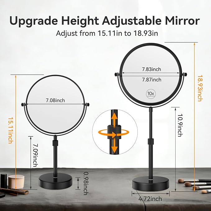 Nicesail 8 Inch Makeup Mirror Black, 19 Inch Tall, 10X Magnification Vanity | Magnifying Mirror, Tabletop with Pedestal, Height Adjustable (8 Inch, 10X), Beauty Mirror Magnifying Vanity Mirror 10x