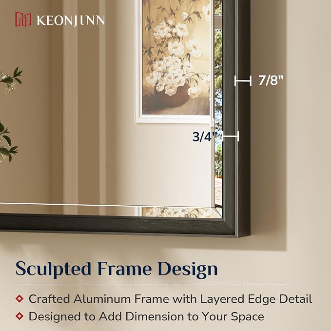 Keonjinn 72" x 36" Black Framed Bathroom Mirrors for Over Sink, Aluminum | HD Tempered Glass with Beveled Edge, Effortless French Cleat Installation, Rectangle Wall Mirror, Hallway, Dinning Room Decor