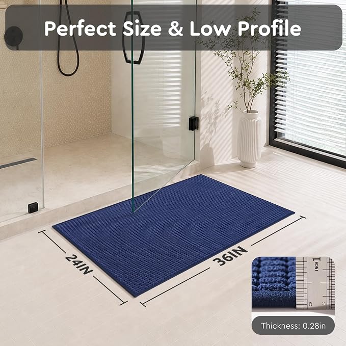 tchdio Bath Mat, Absorbent Bathroom Mat Quick Dry, Thin Bathroom Rugs Fit Under Door, Non Slip Washable Bath Rugs with Solid Rubber Backing, Low Profile Bath Mats for Bathroom, Blue, 24" x 36"
