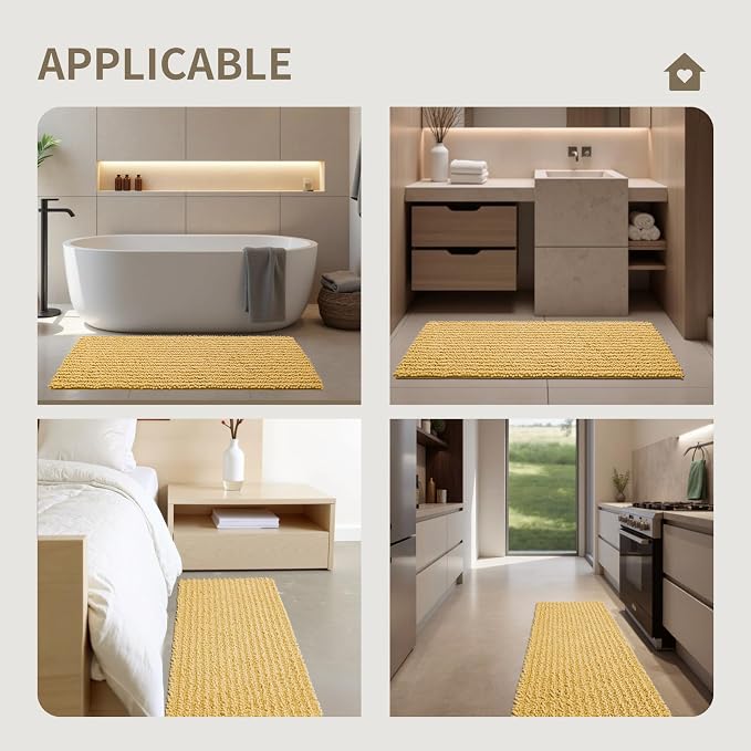 Bathroom Rugs Non Slip Washable 44x24, Extra Thick Soft Chenille Absorbent Bath Mat, High Density Barrier Non Slip Backing, Quick Dry Plush Shaggy Floor Carpet for Tub&Shower, Yellow