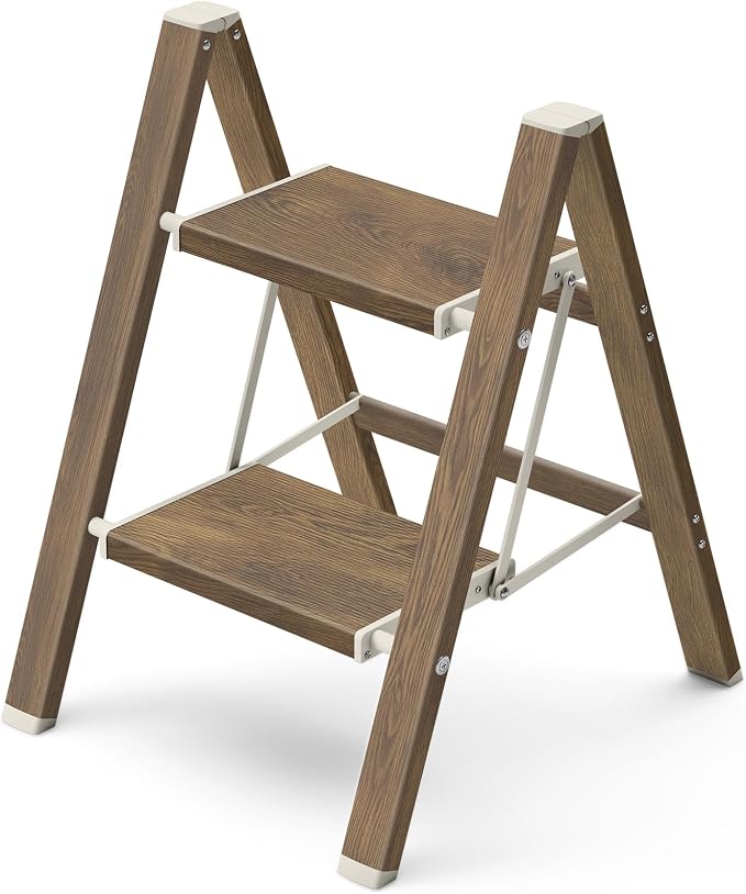 Mayi Plus 2 Step Stool Foldable, Aluminum, Lightweight Step Ladder | Extra-wide anti-slip folding steps with 330 lbs, for home,kitchen,office,outdoor,Cherry woodgrain
