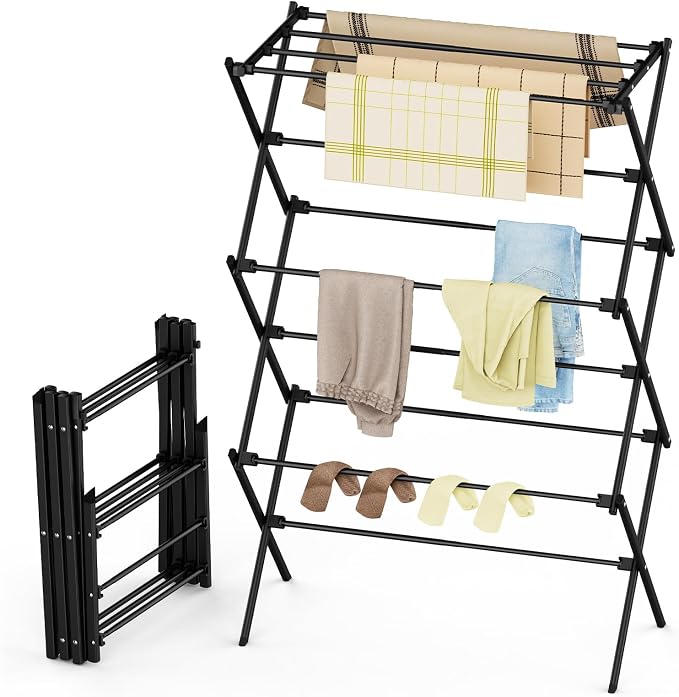 Drying Rack Clothing, 3-Tier Clothes Drying Rack Foldable, Antirust Laundry Drying Rack Collapsible Use for Indoor & Outdoor, 11.8" D x 34.6" W x 35.4" H, Black