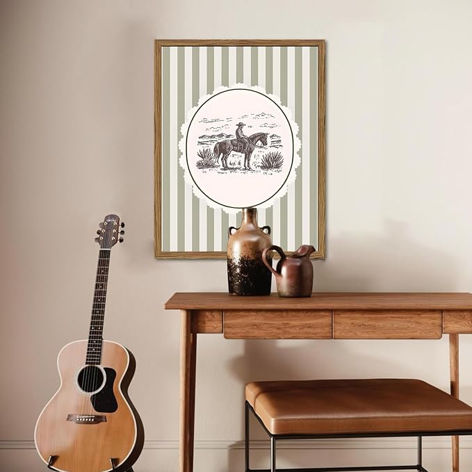 Western Cowboy Wall Art Vintage Southwestern Wall Decor Painting, Retro Rodeo Stripe Poster Canvas Print Picture for Living Room Bedroom 12x16 inch Wood Framed