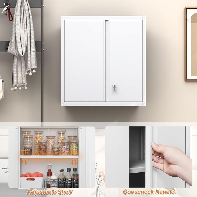 GREATMEET Locking Metal Wall Cabinet, Metal Storage Cabinet with 2 Shelves, Wall Mount Cabinet with Lock, Floating Garage Cabinets with Adjustable Shelf