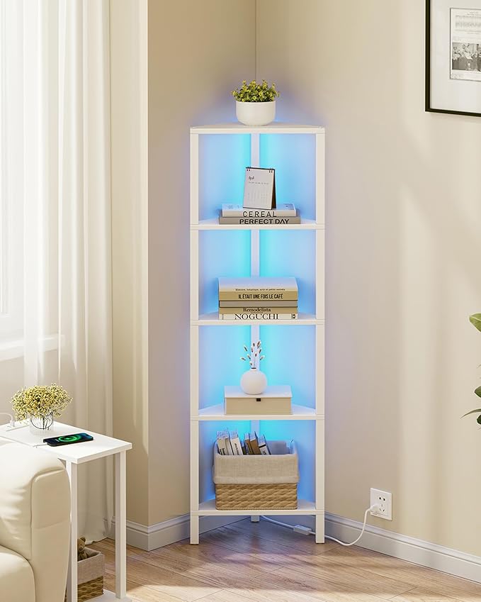TUTOTAK Corner Shelf with LED Light, 5-Tier Corner Bookshelf | for Small Space, Narrow Display Corner Shelf Stand with Storage Rack, for Living Room, Bedroom, White BS05BW005L