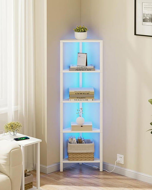 TUTOTAK Corner Shelf with LED Light, 5-Tier Corner Bookshelf | for Small Space, Narrow Display Corner Shelf Stand with Storage Rack, for Living Room, Bedroom, White BS05BW005L