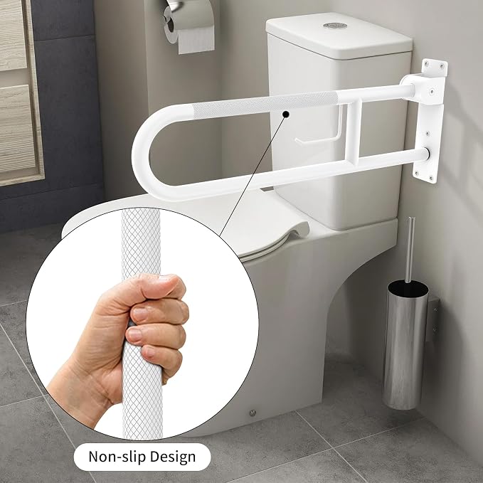 Toilet Grab Bar 32 Inch, YuanDe White Anti-Slip Support Rail | U Shaped Flip-Up Grab Bar with Paper Holder, Stainless Steel Knurled Handicap Safety Handrails for Disabled Elderly Pregnant