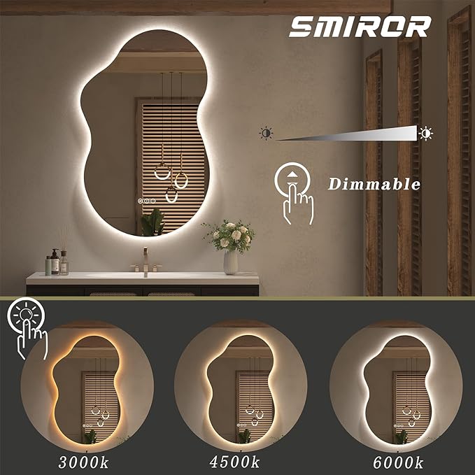 SMIROR 20x36 Irregular Backlit Led Lighted Bathroom Vanity Mirror | Asymmetrical, Cloud Shape, Anti-Fog, 3 Colors, Dimmable, Memory, Tempered Glass, UL